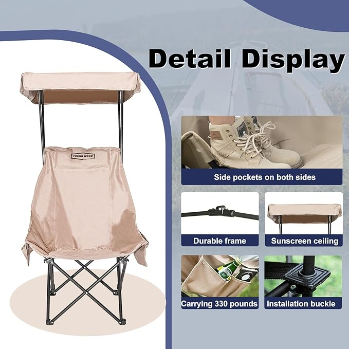 YOUNG WOOD Camping Chair with Canopy Beach Chair with Shade Portable Fold Lightweight Oversized Suit for All Easy to Open Without Installation Side Pocket Design for All Outdoor ActivitiesKhaki