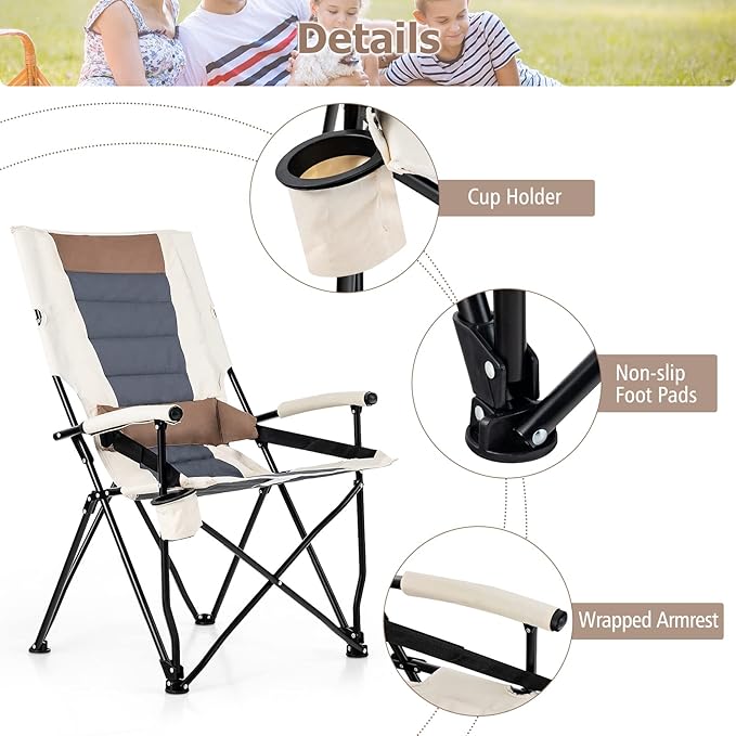 Goplus Camping Chairs Portable Lumbar Back Beach Chair Heightened Design for Adults w/Cup Holder &amp Carrying Bag Folding Chair for Outside Fishing Hiking Picnic Lawn (330 LBS Weight Capacity)