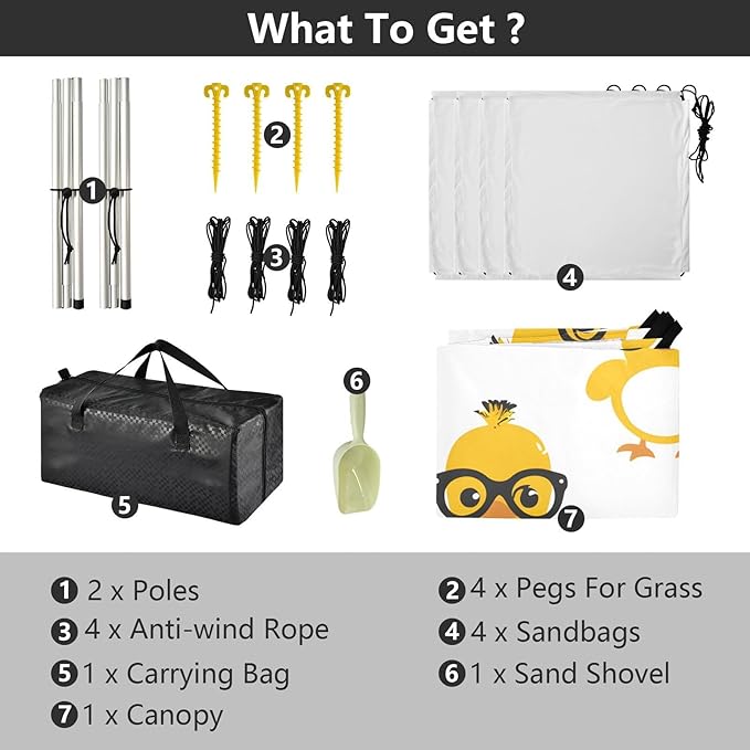 ALAZA Cute Yellow Duck W/Glasses Beach Tent Sun Shelter UPF50+ Protection Beach Shade Canopy w/ 4 Sandbags for Outdoor Camping Fishing Backyard Fun Picnic 10x9 ft