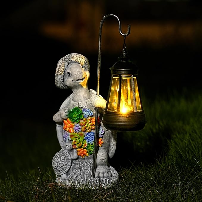 Solar Garden Outdoor Statue Turtle with Hanging LED Lantern —Outside Solar Turtle Decor for GardenHomeLawnYard Balcony Ornament- Unique Housewarming Gifts
