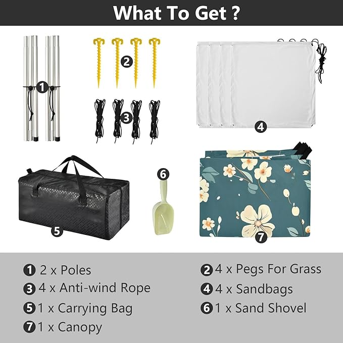 Teal Floral Pattern Beach Tent Sun Shelter 9.2' x 10.5' Beach Canopy with 4 Sandbags 4 Stability Poles Sand Shovels - Tent Canopy for Beach Camping Fishing Picnics