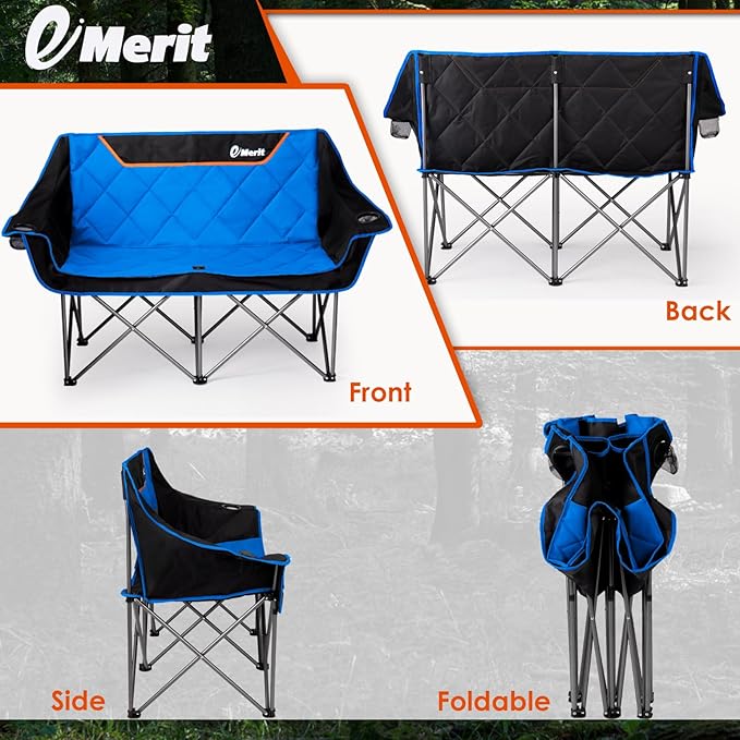 EMERIT Double Camping Chair Oversized Padded for Adults Heavy Duty Folding Loveseat for Outdoor Camping Beach Lawn Concert 650LB