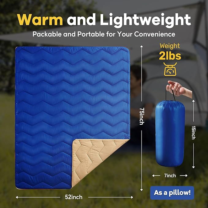 UNIKOME Waterproof Puffy Camping Blanket - Lightweight Packable Outdoor Quilt with Corner Loops Warm Compact Blanket for Cold Weather Hiking Picnic Stadium Travel 75×52 Blue