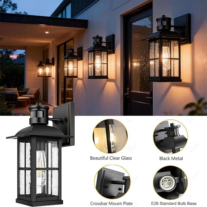 15inch Large Outdoor Wall LightsModern Black Exterior Lantern Wall Light Fixture with E26 Sockets &amp Tempered GlassWaterproof Porch Wall Lighting for GarageGarden