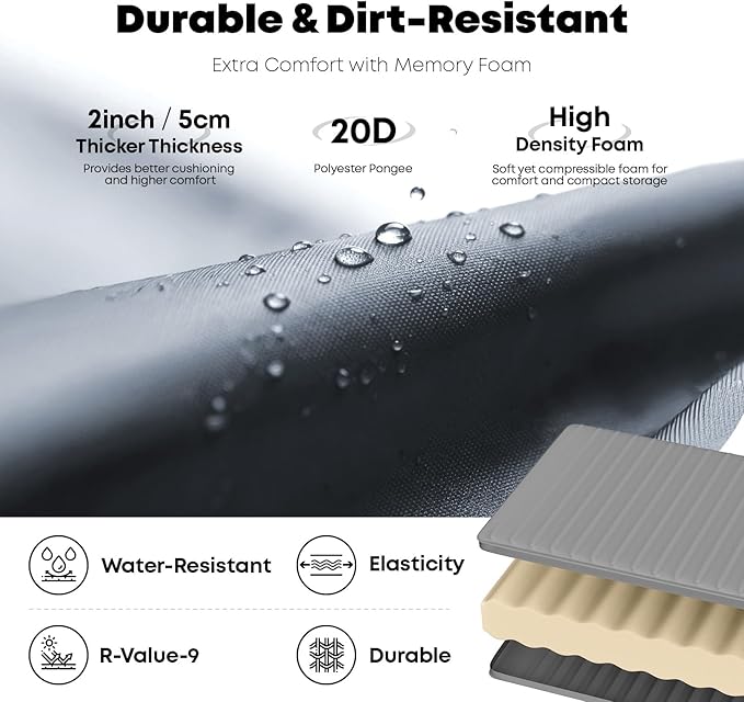 Self Inflating Sleeping Pad with Foot Pump 2 Inch Thick Memory Foam Camping Pad Quick Inflation Air Mattress for Camping Hiking Car Travel and Outdoor Adventures Grey
