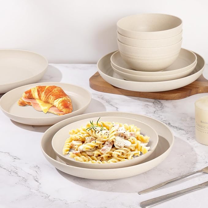 Cream Plastic Plates and Bowls Sets Dishwasher and Microwave Safe Wheat Straw Dinnerware Sets for 8Reusable Plastic Dishes Set Lightweight Unbreakable for Kitchen Camping Outdoor RV 32 Pcs