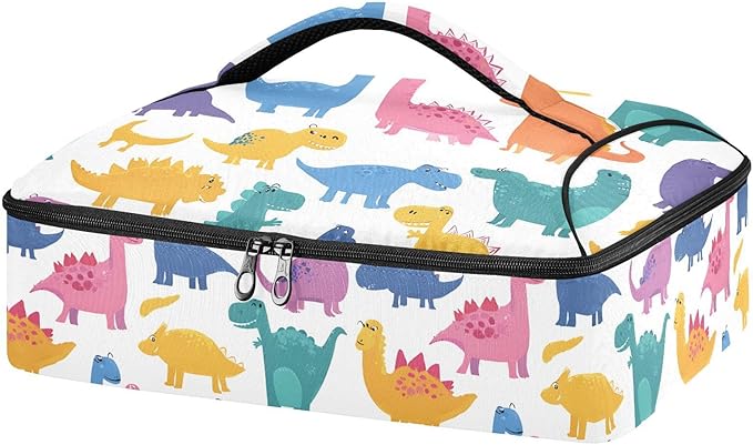 Casserole Carrier Cartoon Pattern DinosaurInsulated Casserole Carrier for Hot or Cold Food Thermal Lunch Tote for Potluck Parties Picnic Beach Fits 9 x 13 Inches Baking Dish
