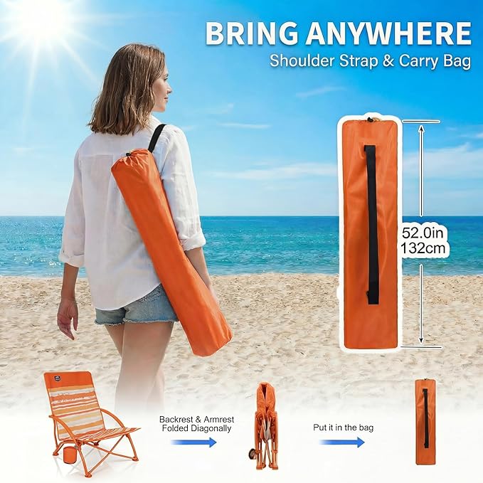 2 Pack Low Beach ChairFolding Recliner Camping Chair for AdultsLightweight Backpacking Low Seat Camping Chairs with Cup HolderCarry Bag for Outdoor Camp Picnic FestivalOrange Strip