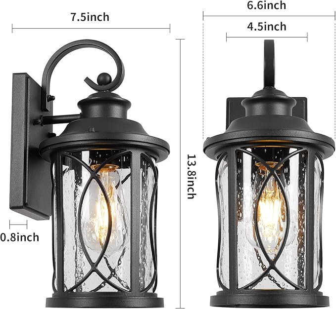 Treekee Outdoor Light Fixture Wall Mount Modern Exterior Wall Sconce with Seeded Glass &amp E26 Sockets for Front Porch Farmhouse Rustic Black Wall Lantern Lamp for Patio Garage Home Yard