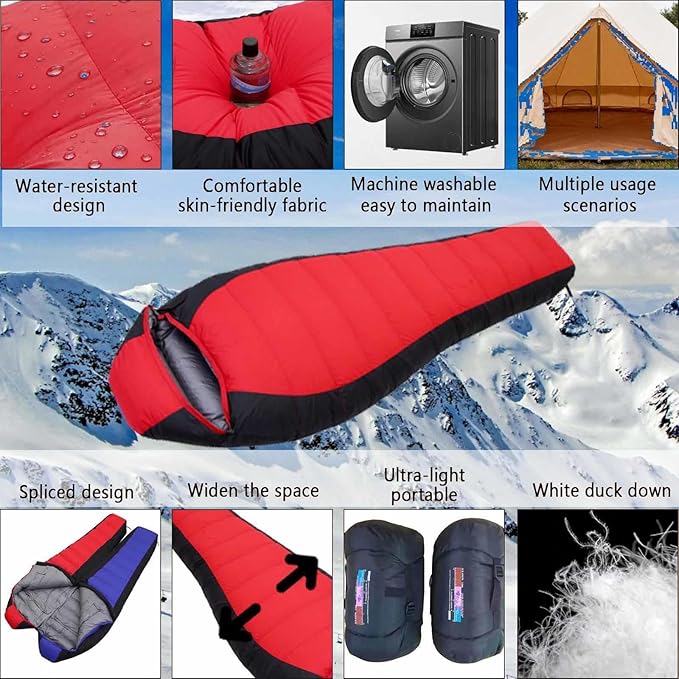 0 Degree Sleeping Bag 90% White Duck Down 5℉-50℉ Warm Sleeping Bag Includes Travel Pillow Camping Hiking Backpacking Sleeping Bags