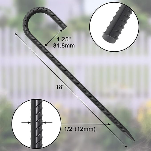 18 Inch Steel J Hook Rebar Ground Stakes 16 Pack 1/2 Inch Diameter Fence Stakes for Wire Fencing with Chisel Point End Metal Tent Stakes Heavy Duty for Outdoor Camping Black