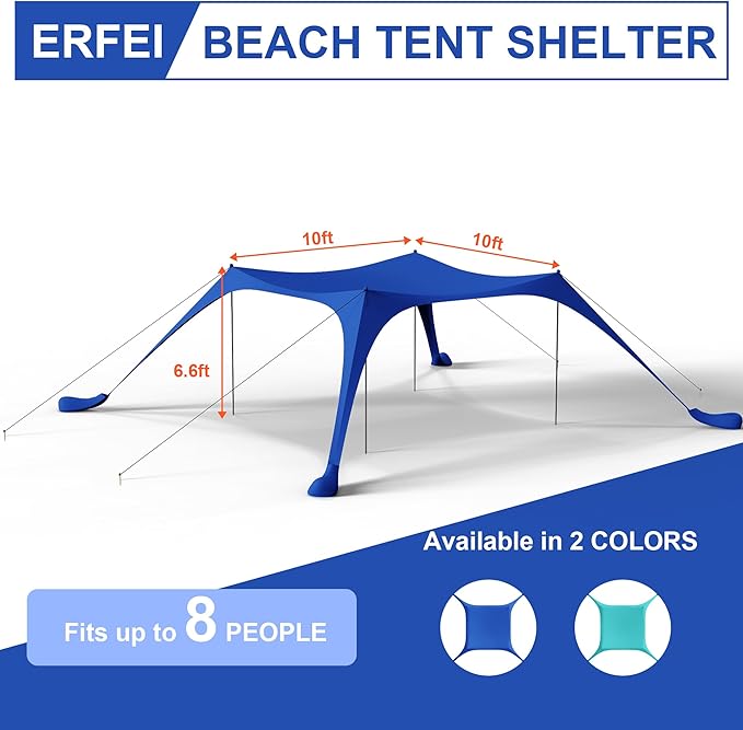 Beach Tent Sun Shelter UPF50+ with Sandbags Sand Shovel &amp Windproof Poles - Portable Pop Up Canopy for Beach Camping Picnics Backyard &amp Fishing (Royal Blue10x10FT)