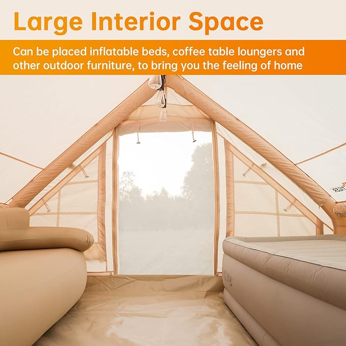 Inflatable Camping Tent with Pump Glamping Tents Easy Setup 4 Season Waterproof Windproof Outdoor Blow Up Tent Luxury Cabin Tent with Mesh Windows &amp Doors