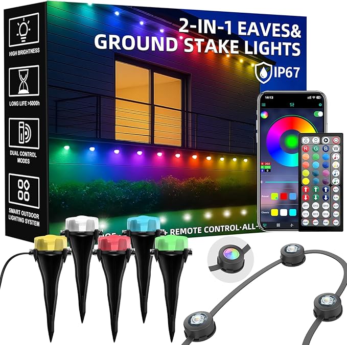 200 FT Permanent Outdoor Lights Waterproof 2-in-1 Eaves &amp Ground Stakes LED String Lights with App/Remote Control for House Garden– Smart Color-Changing Lighting for Halloween Christmas Decorati