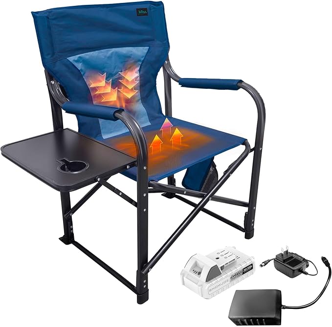 Bliss Hammocks 24 Volt Heated Directors Seat with 3 Heat Settings Folding Portable 21 Inch Wide Steel Frame Camping Chair - Battery Included Blue