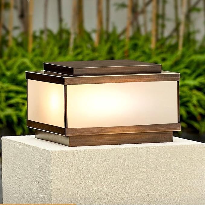 All Copper Steel Glass Outdoor Post lights Waterproof Pillar Light Vintage Patio Lawn Column Lampoutdoor column lightsDeck Lights Lantern Fence Lamp Fixture E26 Base (Frosted glass 12X12IN)