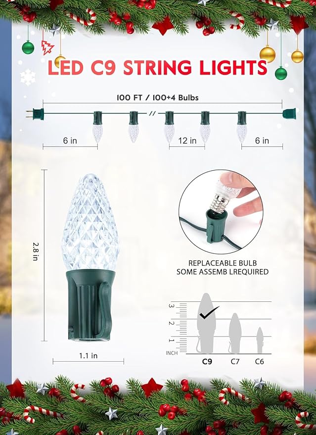 Minetom C9 Christmas Lights Outdoor 100FT 100 LED Waterproof Strawberry String Lights UL Certified Connectable Green Wire Lights String for Outdoor Indoor Patio Party Roofline Backyard Xmas Decor