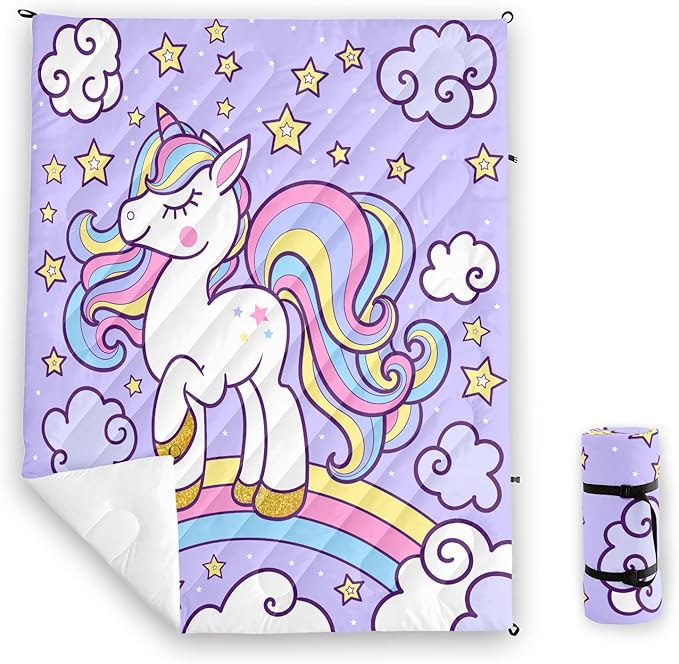Axolotl Purple Unicorn Warm Puffy Camping BlanketLightweight Rainbow Cloud Printed Packable Outdoor BlanketGloden Star Outdoor Camping Blanket Backpacking for Traveling Picnic Beach Cold Weather