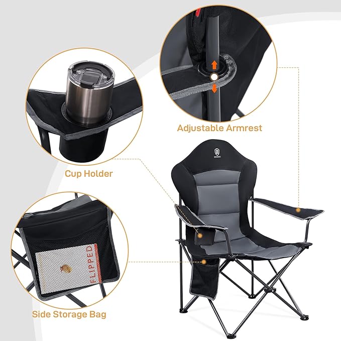 EVER ADVANCED Folding Camping Chair with High Back Padded 2 Pack Oversized Portable Lawn Chairs Lightweight Sturdy Steel Foldable Outdoor Camp Chair for Adults Black