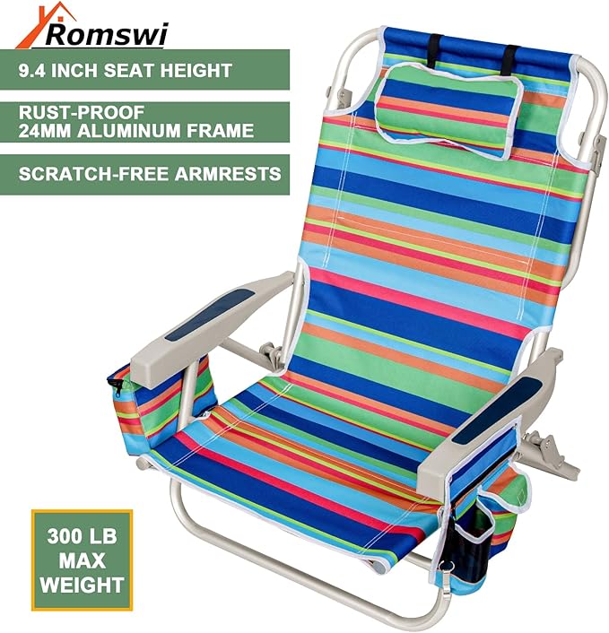 2Pk Aluminum 5-Position Lay Flat Folding Backpack Beach Chairs for Adults with Cooler Bag Cup&ampPhone Holder Towel Bar for Outdoor Lawn Picnic Sport Portable Foldable Camping Chairs Multi Stripe