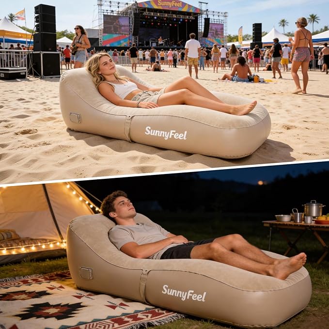 SUNNYFEEL Inflatable Lounge Chair with Built-in Pump Heavy Duty PVC Flocked Inflatable Sofa for Adults Portable Air Lounger for Camping Beach Home &amp OutdoorBeige