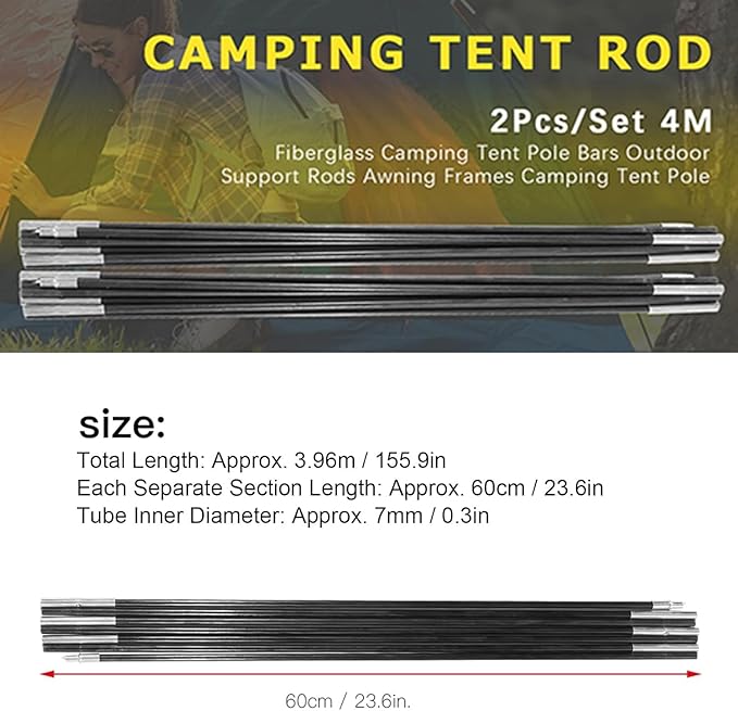 Tent Tarp Poles 4.9M/16.1ft Universal Fiberglass Camping Tent Pole Bars Camping Awning Poles Support Frames Kit for Camping Hiking Canopy