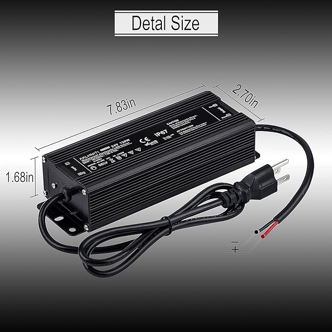LED Power Supply - 120W IP67 Waterproof 24V DC for LED Strip Lights 100V-265V AC Input 3-Prong Plug with 3.3 Feet Cable