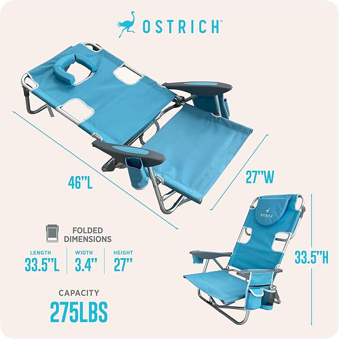 Ostrich The Deluxe Backpacker Portable Beach Chair with Cooler Bag Carry Straps Umbrella Carry System Cup Holder &amp 275lb Capacity Light Blue