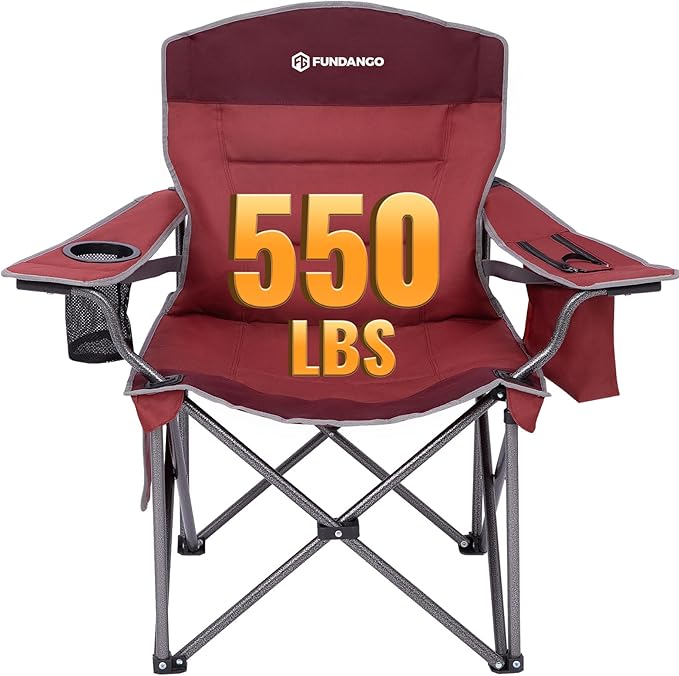 FUNDANGO Oversized Camping Chairs for Adults Heavy Duty Fold Up Sports Games Lawn Chairs Extra Wide Big Man Outdoor Chairs with Padded Lumbar Support Backrest Bag Included for Camp Outside Beach