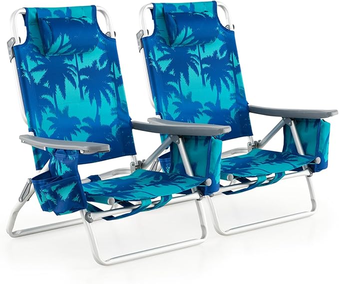 Tangkula Set of 2 Backpack Beach Chair 5-Position Lightweight Folding Lay Flat Beach Chairs with Cooler Bag 2 Cup Holders Towel Bar Backpack Straps