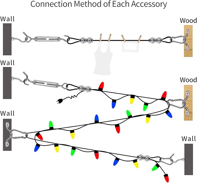 String Lights Hanging KitGlobe String Lights Suspension KitOutdoor Light Guide WireInclud 164 FT Nylon-Coated Stainless Steel Wire Rope CableTurnbuckle and HooksEnough AccessoriesUse Manual