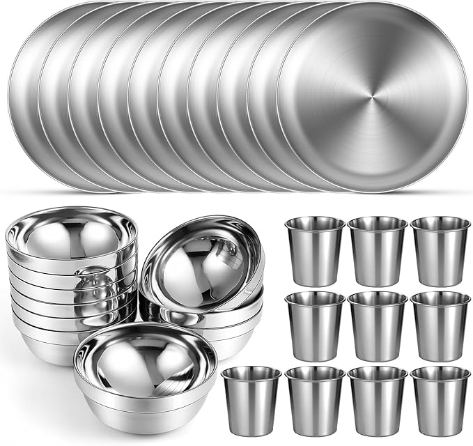 Sunnyray 10 Sets Stainless Steel Plates Bowls and Cups Metal Camping Stainless Steel Dinnerware for Serving Reusable Double Walled Insulated Plates Bowls and Cups for Rice Ice Cream