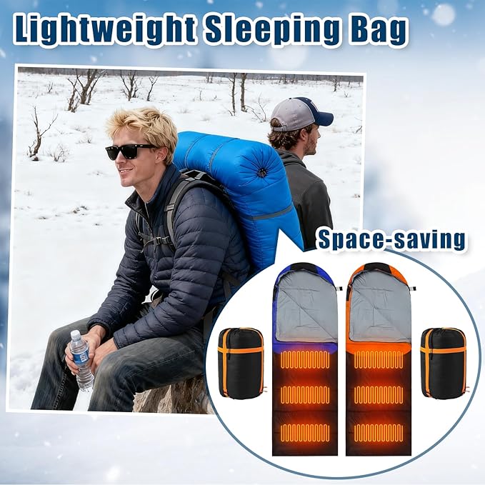 2 Pack Heated Sleeping Bag for Adults USB Electric Cold Weather Sleeping Bag with 4 Zone Carbon Fiber 3 Adjustable Heating Levels Waterproof for All Season Camping &amp Hiking