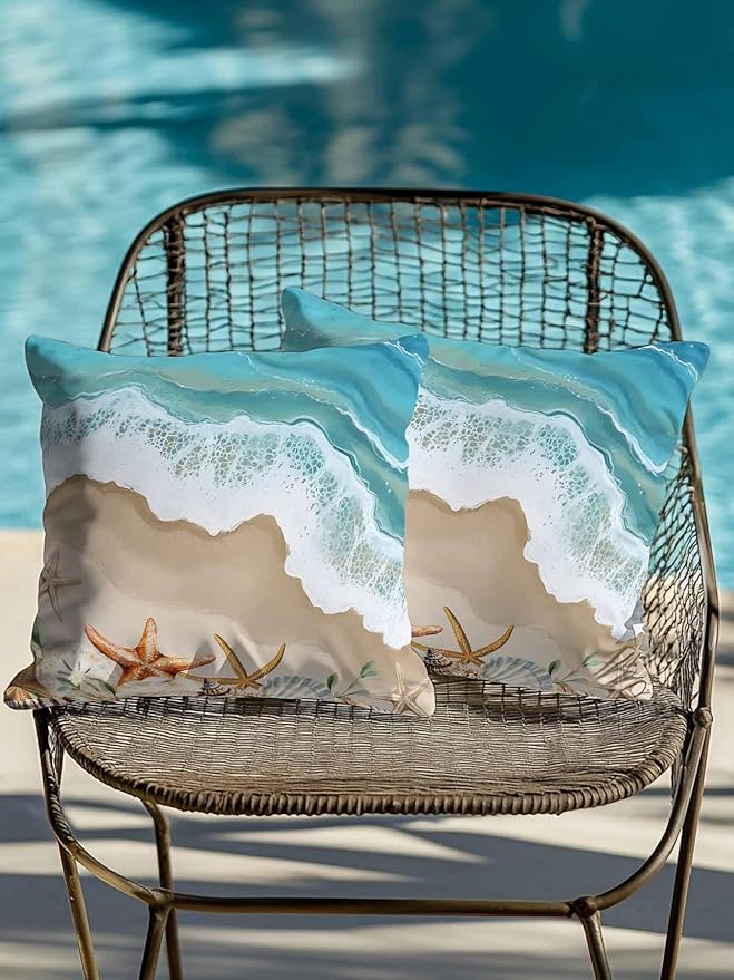 Outdoor Pillows Waterproof Coastal Beach Ocean Bedding Throw Pillows with Insert for Couch Sofa Bed Nautical Starfish Shells Conch 16x16 Inch Pillowcases Camping Patio Pillow Set of 2