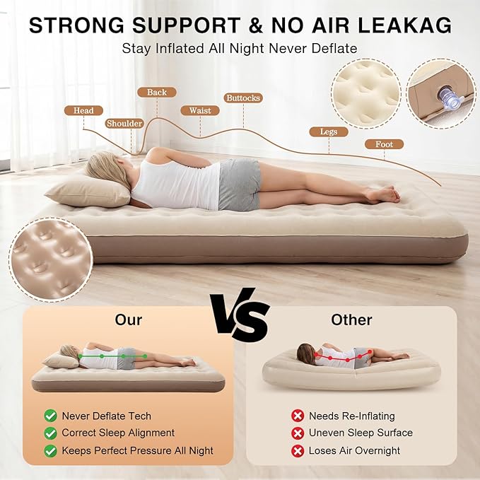 BreezeHug 4 Pcs Large Velvet Air Mattress Camping Twin Air Mattress Waterproof Portable Inflatable Blow Up Bed for Kids Adults Slumber Sleepover Party Guests Travel 73 X 39 X 7.9 Inches(Beige)