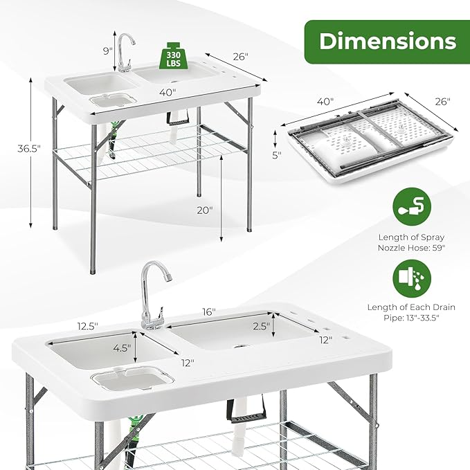 Giantex Folding Fish Cleaning Table with Double Sinks Portable Fish Fillet Cleaning Station w/Faucet Drainage Hoses Sprayer &amp Storage Shelf 2-in-1 Outdoor Camping Table for Picnics Fishing