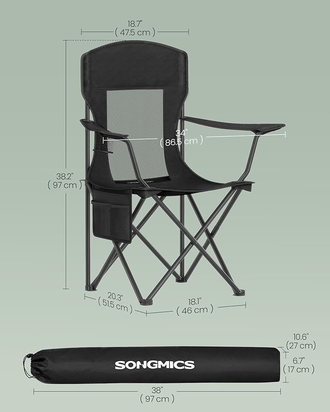 SONGMICS Breathable Camping Chairs Foldable Outdoor Chairs Set of 2 High Back Adjustable Armrests Drink Holder Weight Capacity 330 lb for Sports Garden Backyard Ink Black UGCB028B02