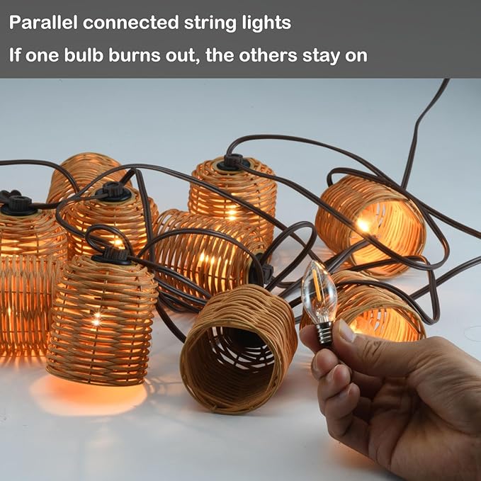 Natural Rattan String Lights 10 Rustic Raffia Cage 13 Ft Plug in &amp Connectable Wicker LightsNatural Color Rattan