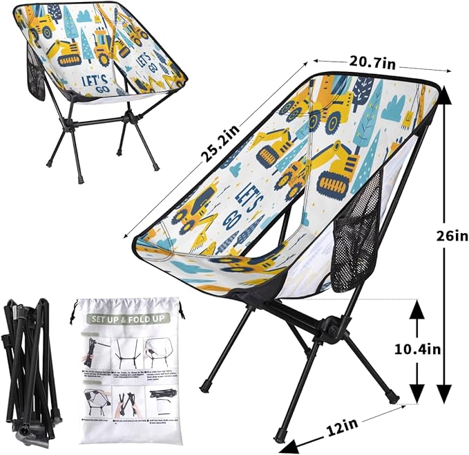 Excavator Truck Digger Camping Chair Lightweight Portable Chairs for Adults Easy Installation Outdoor Foldable Camping Chair for Camping Fishing Hiking Picnic Beach