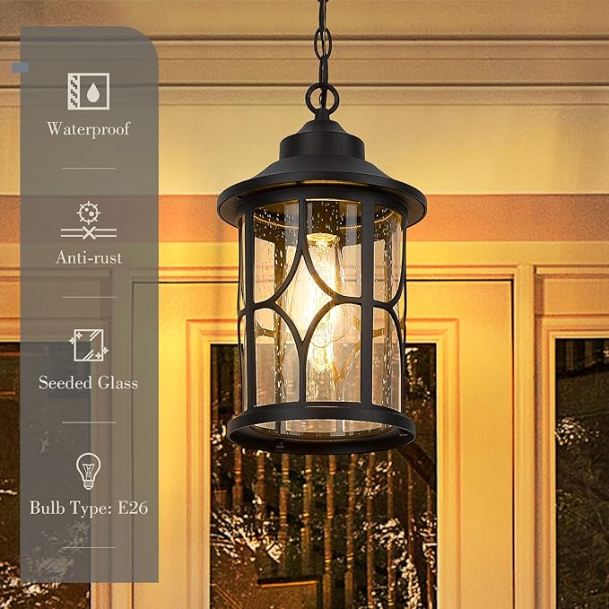 zeyu Outdoor Hanging Light Fixture - 15 Inch Farmhouse Exterior Pendant Light Fixture for Porch with Seeded Glass Black Finish ZX48MH BK