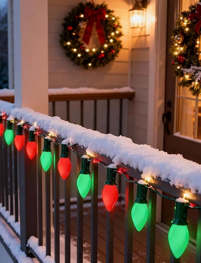 C7 Outdoor Christmas Lights - 25ft Red and Green Christmas Lights with 27 Ceramic Bulbs(2 Spare) Waterproof Extendable Christmas Tree Lights for Indoor Party Backyard Xmas LightGreen Wire