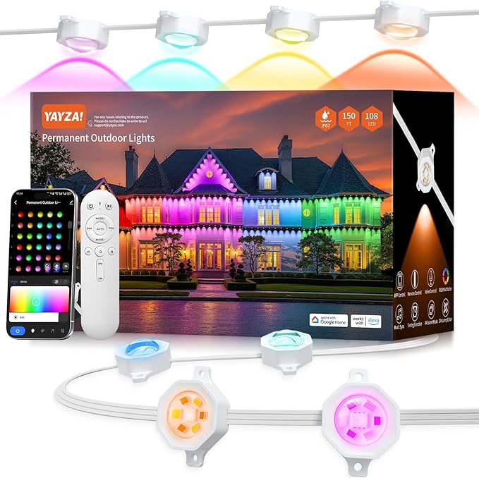 YAYZA! Permanent Outdoor Lights Pro150ft 108 LED Smart RGB+IC+Warm/Cool White Christmas Eave Lights 135lm Music Sync &amp DIY Scenes IP67 Waterproof for Outside Decor Works with AlexaGoogle Rem