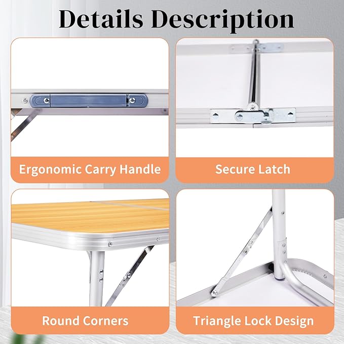 6.0 Ft Folding Portable Camping Table with Three Adjustable Heights Tri-fold Outdoor Table Outdoor Camping Kitchen BBQ Dining Picnic Cooking Beach Garden Yellow