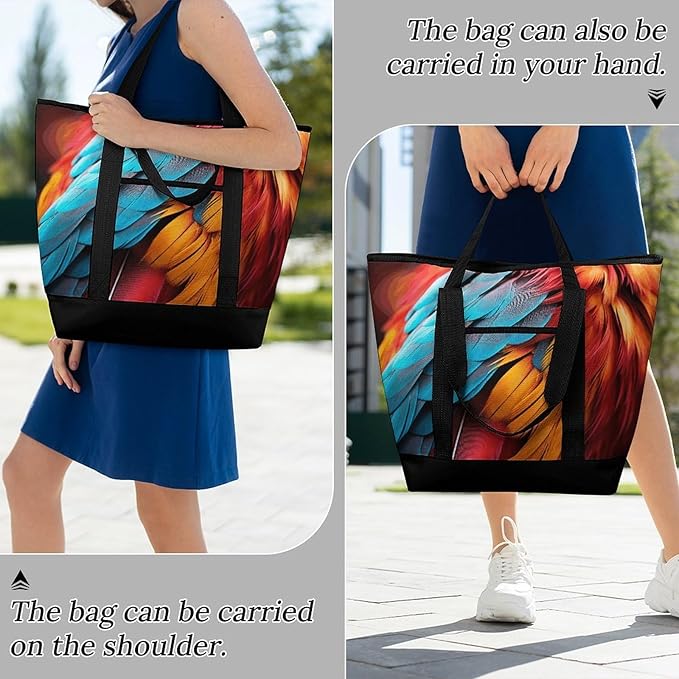 Insulated Shopping BagLarge Reusable Cooler Bags Colorful Feathers Printed Foldable Shopping BagTravel Waterproof Shoulder Bag