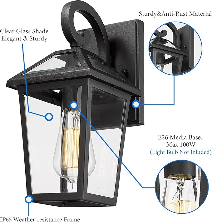Outdoor Light Fixtures Wall Mount Waterproof Exterior Wall Lanterns with Glass Outside Wall Sconces Front Porch Lights for House Garage Doorway Patio (Small 2Pack)