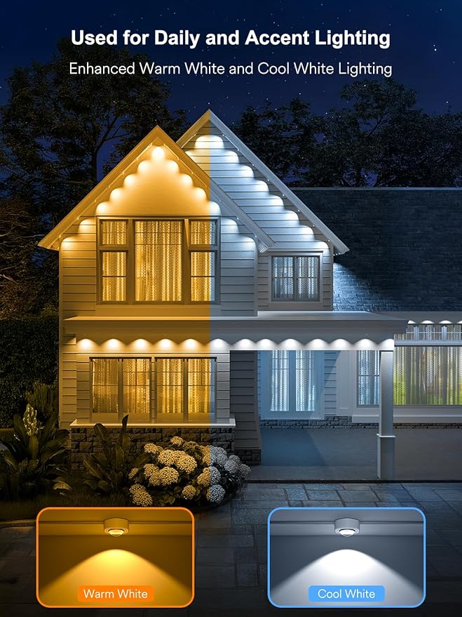 ANGELHALO Permanent Outdoor Lights Pro 155ft with 108 LED Lights for Daily and Accent Lighting Multiple Scene Modes Eaves Lights with Warm and Cool White Light IP65 Waterproof Works with Alexa