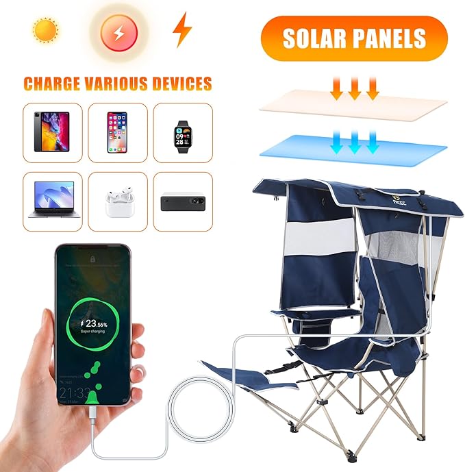 Nice C Chair with Canopy Umbrella Chair Chairs with Shade Sports Chairs USB Type-C&ampDC Charging Cable Included 30W Solar Panels Removable Footrest&ampCooler Bag (1 Navy)