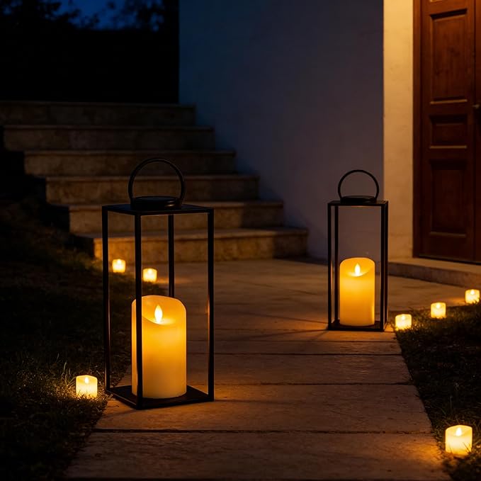 Set of 2 Large Solar Lanterns Outdoor Lighting 18 &amp 11 Inch - Black Metal Waterproof for Porch Patio Garden Decor Farmhouse Style All Year Round with Solar Candles