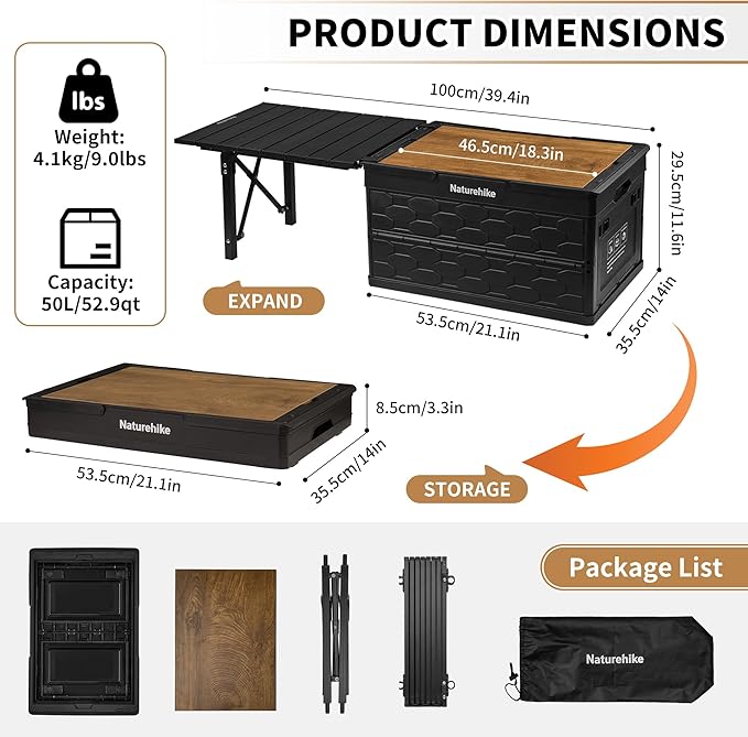 Naturehike Lispace Camping Table with Storage Box 50L Collapsible Trunk Organizer with Lid Folding Storage Bin for Camping Picnic Home