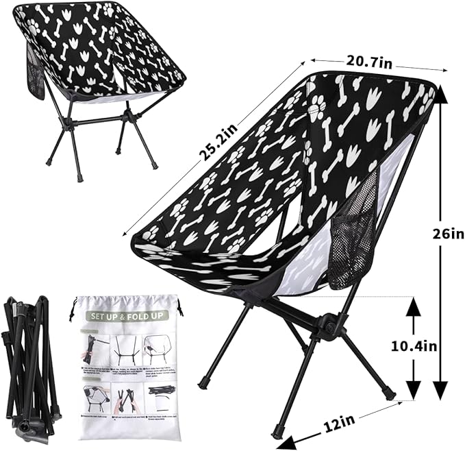 Black White Dog Paw Bone Camping Chair Lightweight Portable Chairs for Adults Easy Installation Outdoor Foldable Camping Chair for Camping Fishing Hiking Picnic Beach